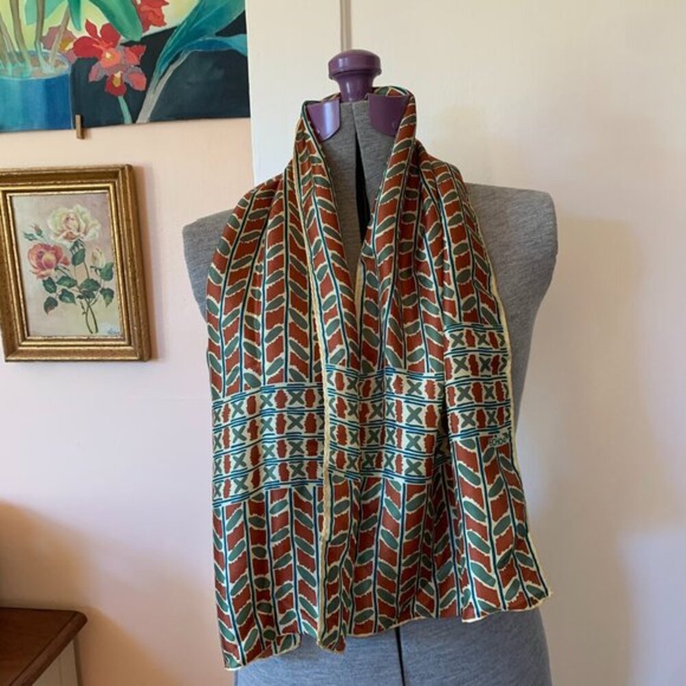 ECHO VTG Silk Scarf 45x11" Tribal Abstract Rust Teal Hand Roll Tiki Retro Japan